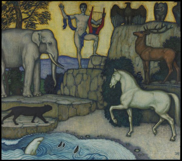 Das kunstvolles Gemälde "Orpheus und die Tiere" um 1924 mit verschiedenen Tieren, darunter ein Elefant, ein Pferd und ein Panther, sowie mythologischen Figuren in einer surrealen Landschaft.