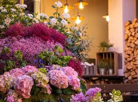 A garden with blooming pink and purple flowers is in the foreground, while a porch with hanging lights and stacked firewood is visible in the background.
