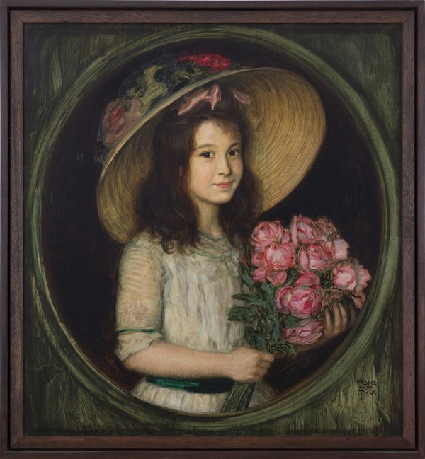 Porträt von Vera Saitzoff (Mutter des Kunsthistorikers Francis Haskell, 1929-200) im Jahre 1913 mit einem großen Strohhut und einem Strauß Rosen in den Händen.