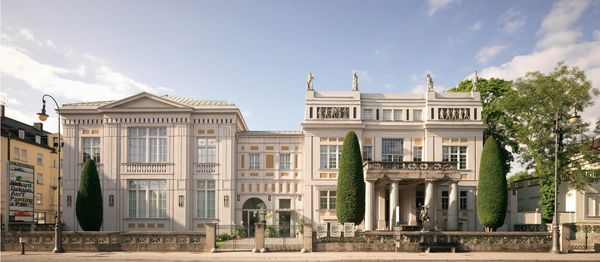 Das historische Gebäude der Villa Stuck in München mit klassischer Architektur und einer eleganten Fassade.