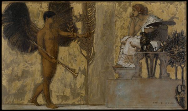 Das antike Gemälde "Huldigung an die Malerei" von 1889 mit einem geflügelten Engel, der eine Lanze trägt, und einer sitzenden Frau, umgeben von symbolischen Objekten.